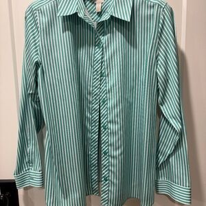 Chico's no-iron green and white striped shirt with button cuff size 2